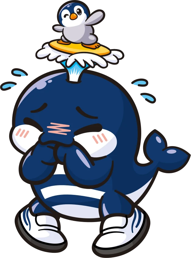 潮をふいてしまったしなぽんと、頭の上のペンギンが潮に持ち上げられている様子