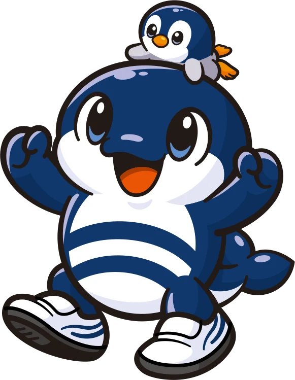 品川CC公式マスコット しなぽん。両手をあげてよろこぶ子クジラで、頭の上に赤ちゃんペンギンがのっている
