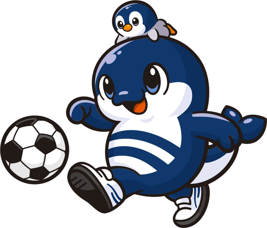 サッカーボールをけろうとするしなぽん。白いスパイクは新幹線をイメージしている